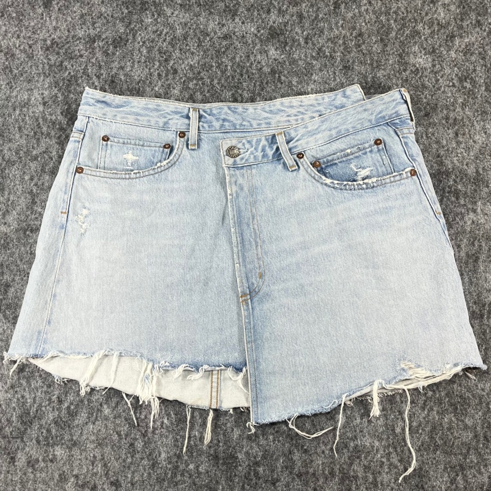 AGOLDE Criss Cross Denim Mini Skirt‎ Womens 32 Light Blue Distressed Grunge Y2K